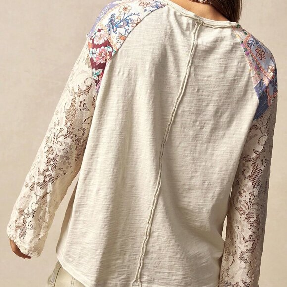 Apricot Boho Casual Women's Knit Contrast Lace Floral T-Shirt - Picture 8 of 9